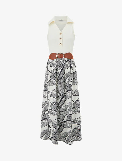 Robe longue à boutons fantaisies et imprimé feuilles - Marine - 1