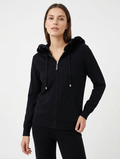 Fijne hoodie met bont en rits. - Zwart