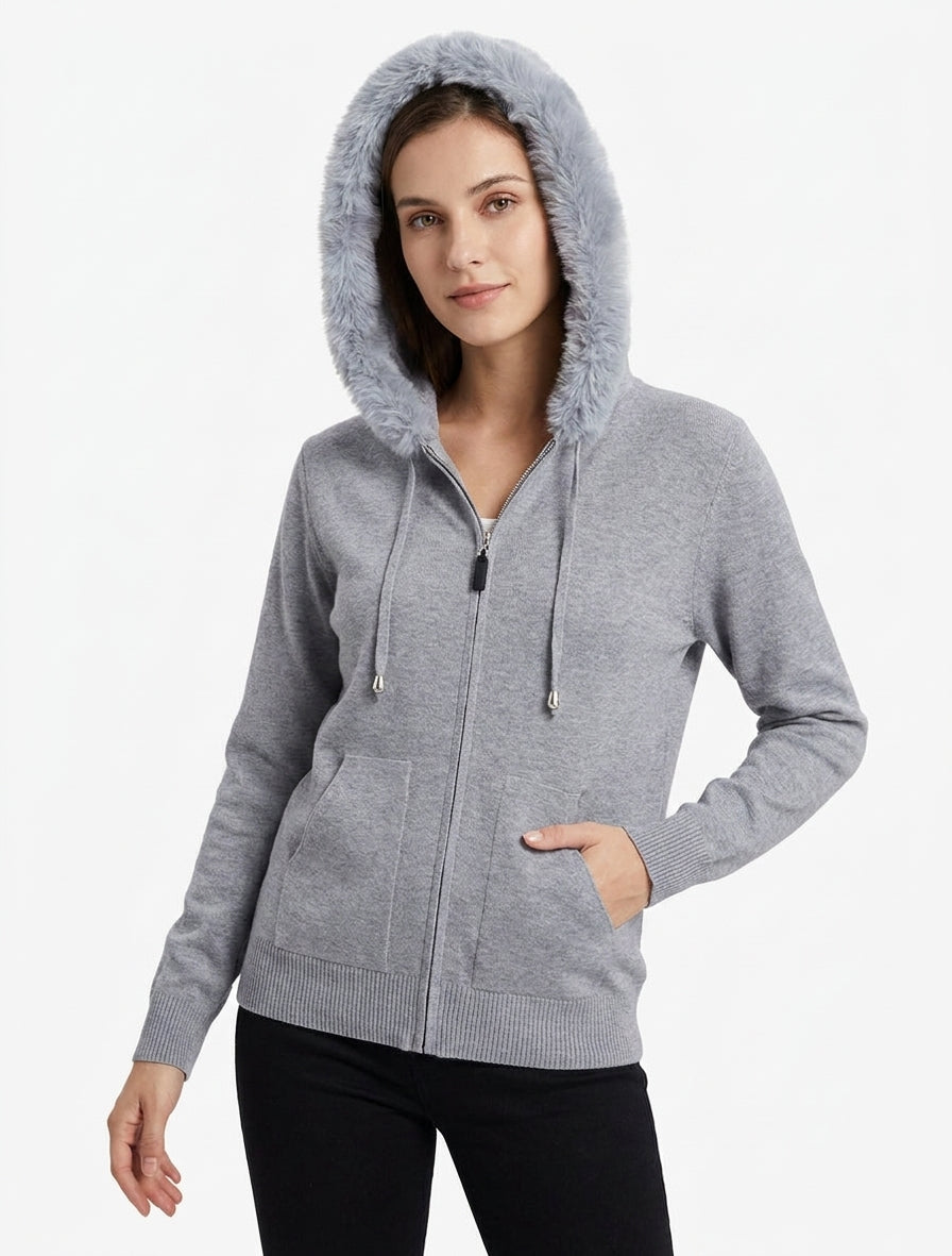 Fijne hoodie met bont en rits. - Grijs