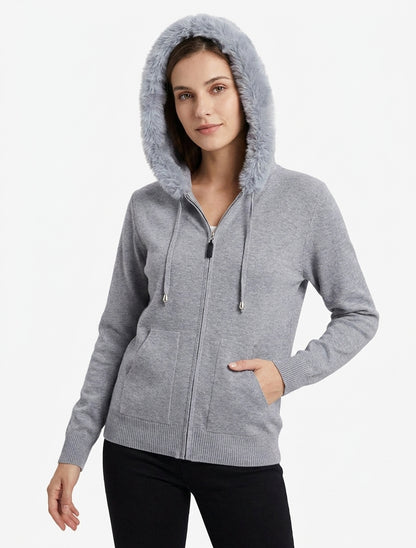 Fijne hoodie met bont en rits. - Grijs