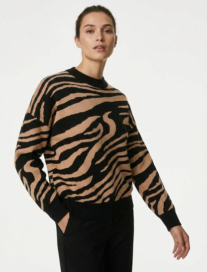 Ruime trui met zebraprint - Kameel
