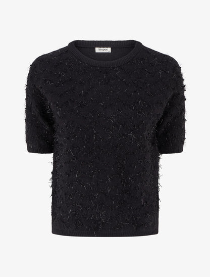 Pull droit manches courtes en maille duveteuse - Noir - 1