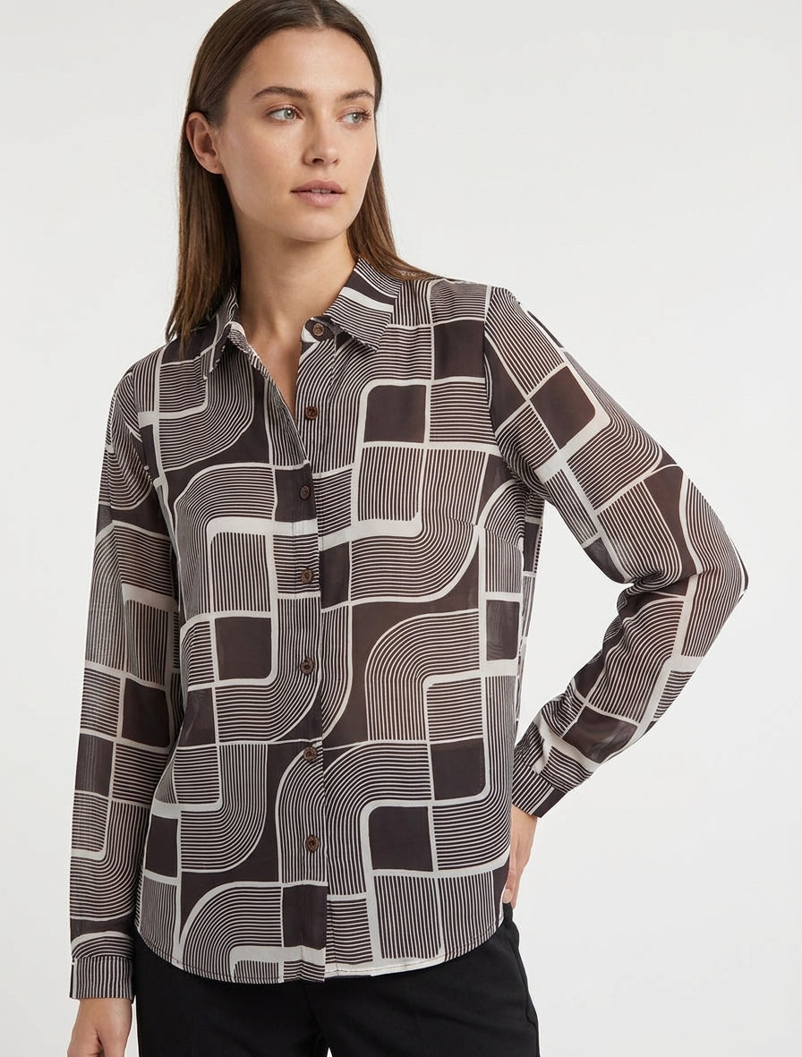 Transparante vloeiende blouse met grafische print - Chocolade