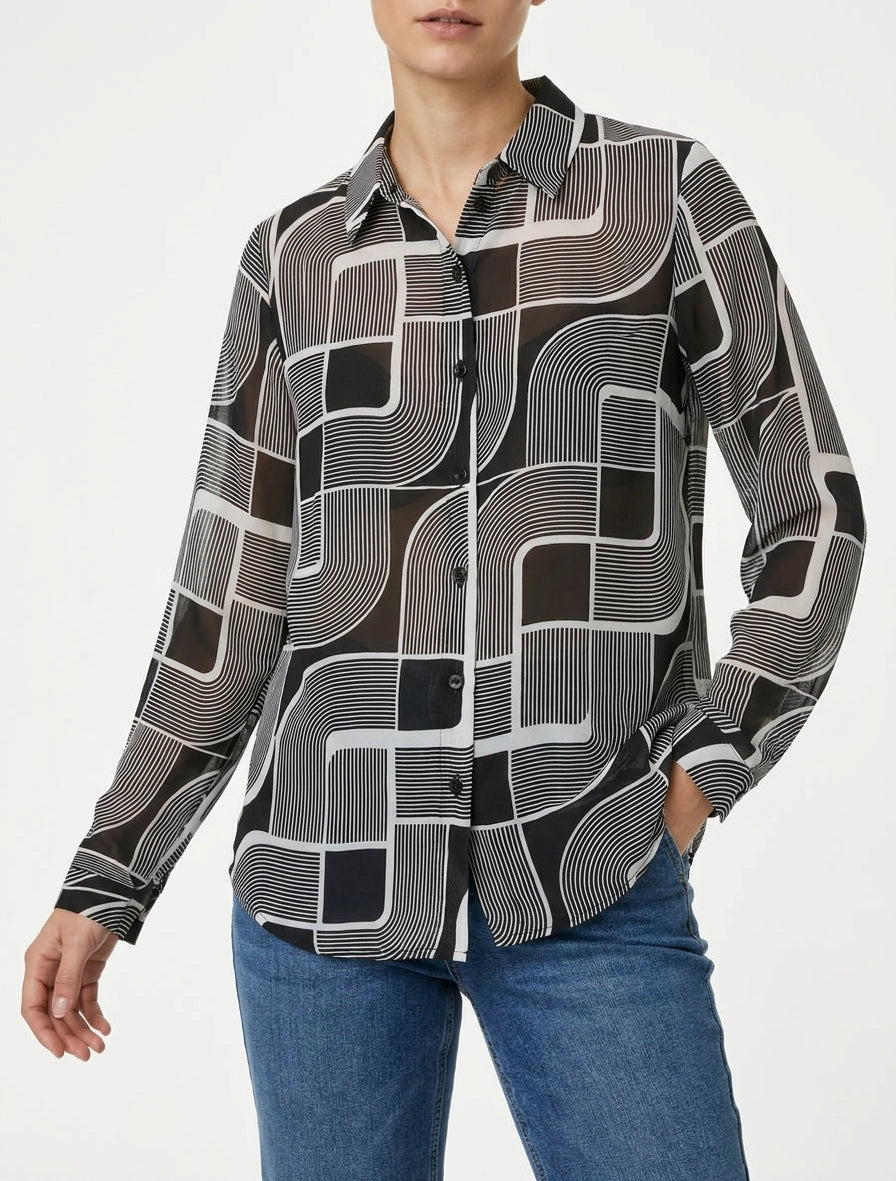Transparante vloeiende blouse met grafische print - Zwart