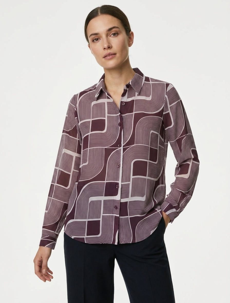 Transparante vloeiende blouse met grafische print - Pruim