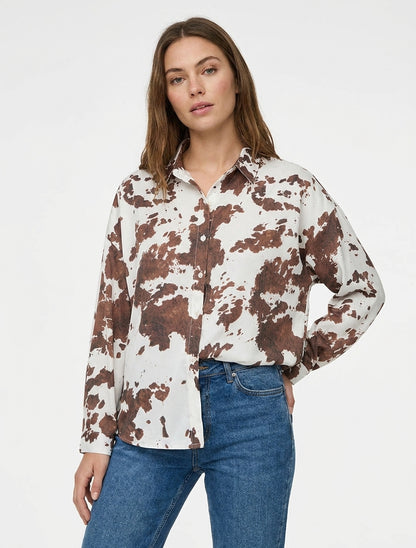 Satijnen blouse met koeienprint - Bruin