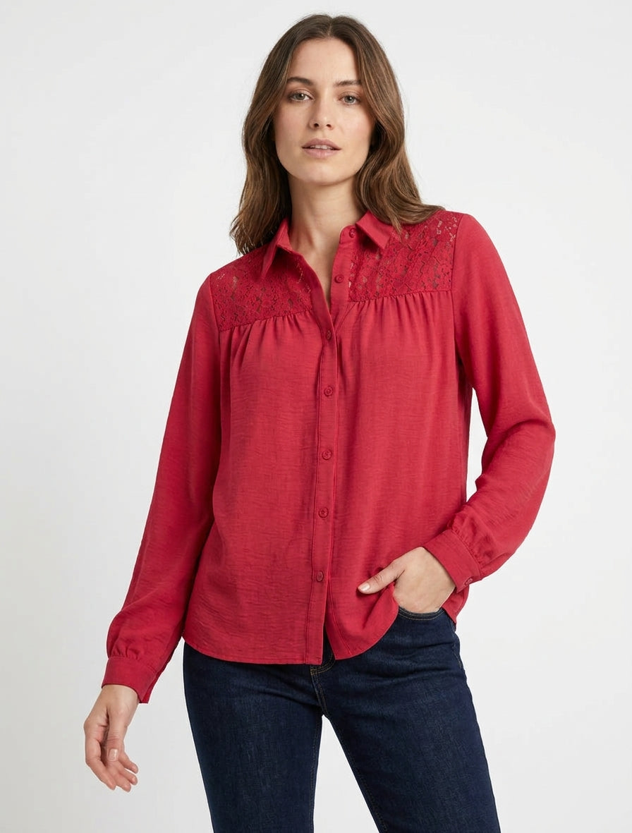Vloeiende blouse met kanten inzetstuk - Rood