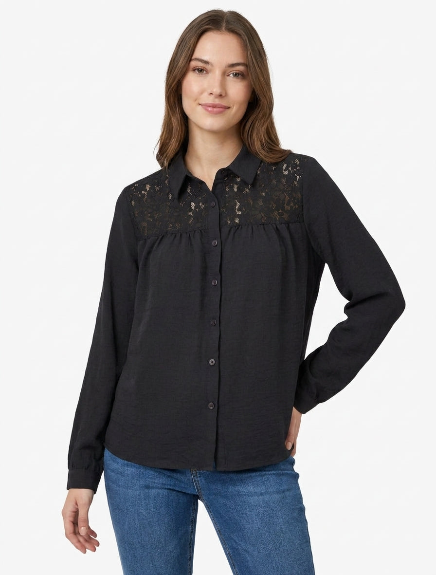 Vloeiende blouse met kanten inzetstuk - Zwart