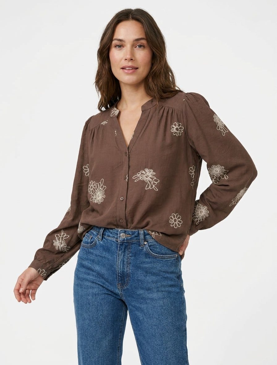Luchtige blouse met bloemenborduursels - Bruin
