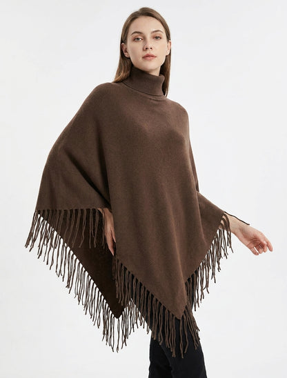 Oversized poncho met franjes - Bruin