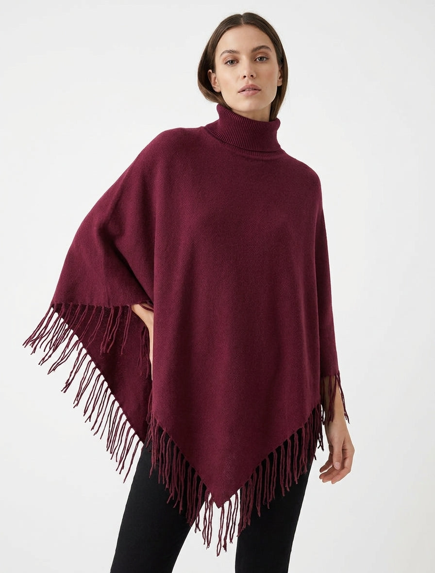 Oversized poncho met franjes - Wijnrood