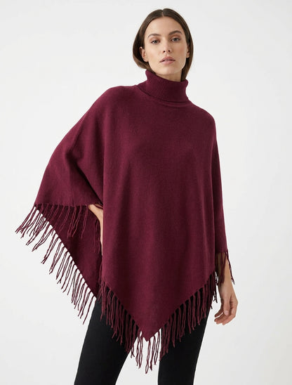 Oversized poncho met franjes - Wijnrood