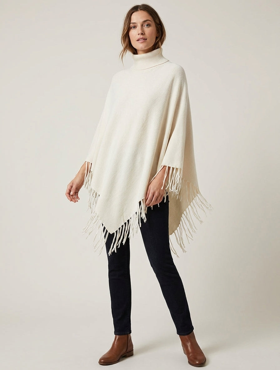 Oversized poncho met franjes - Ecru