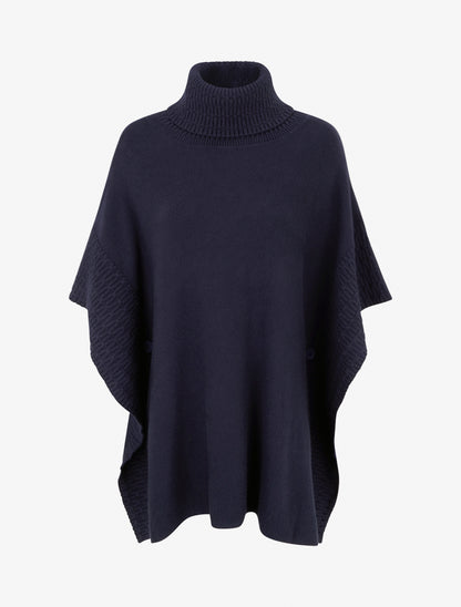 Poncho ample à col roulé en maille fantaisie - Marine - 1