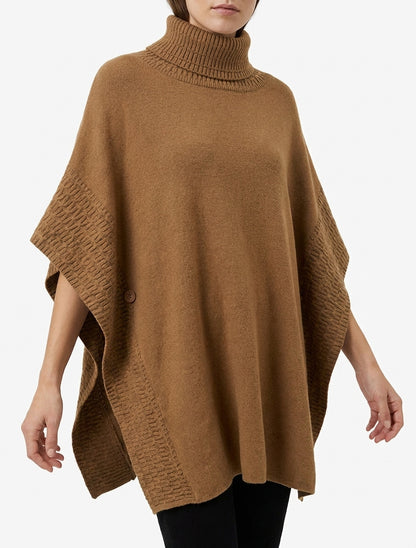 Ruime poncho met coltrui in fantasietricot. - Kameel