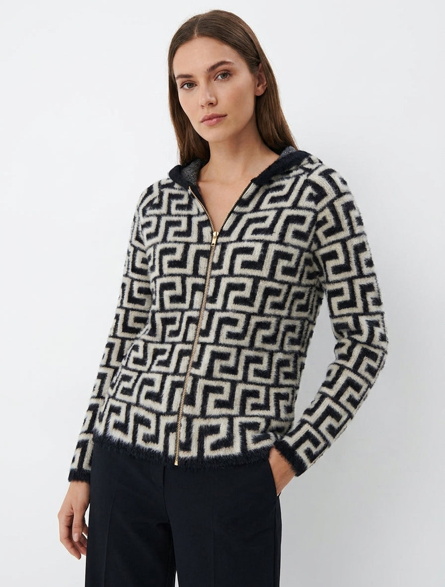 Grafisch bedrukte hoodie van pluizig breisel - Zwart