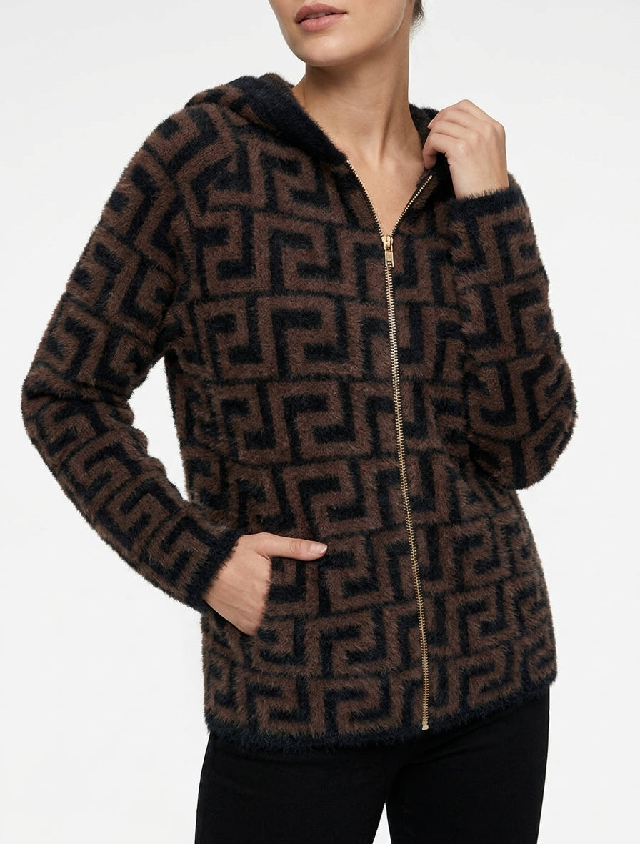 Grafisch bedrukte hoodie van pluizig breisel - Bruin