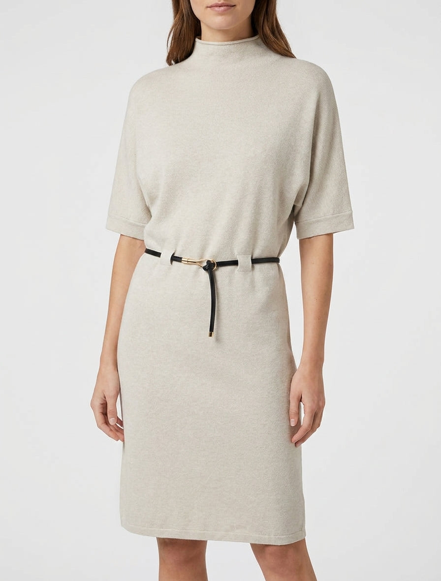 Rechte en gegordelde trui jurk - Beige