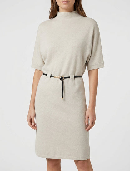 Rechte en gegordelde trui jurk - Beige