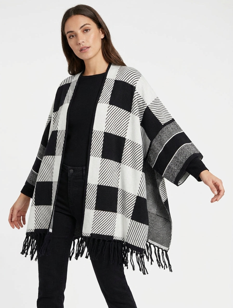 Grafische print poncho met franjes - Wit