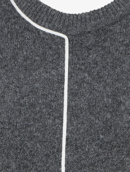 Pull laine mélangée col rond et liseré contrastant - Gris - 3