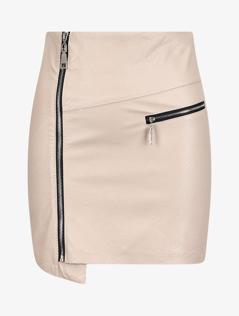 Jupe zippée en simili à bords asymétriques - Beige - 1