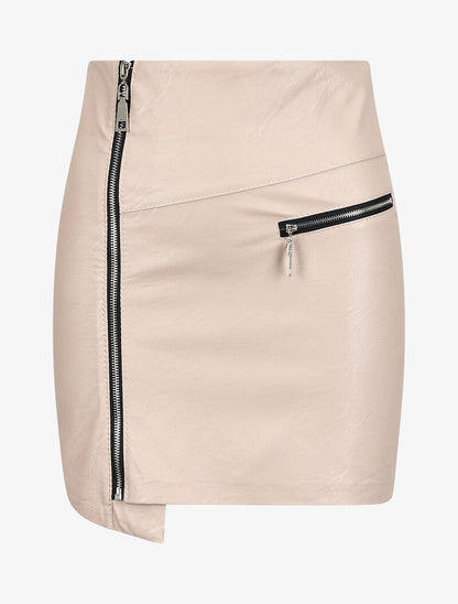 Jupe zippée en simili à bords asymétriques - Beige - 1