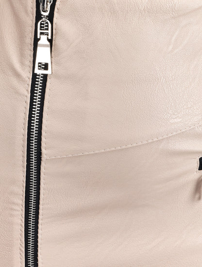 Jupe zippée en simili à bords asymétriques - Beige - 3