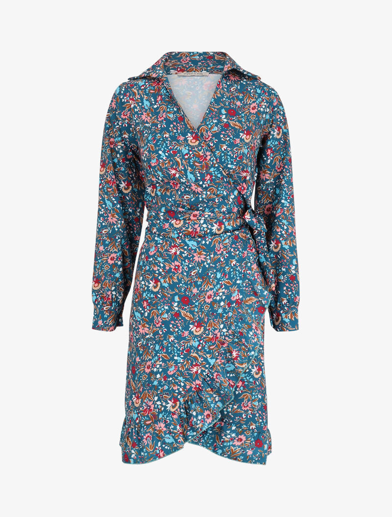 Robe portefeuille volantée à imprimé fleurs printanières - Bleu - 4