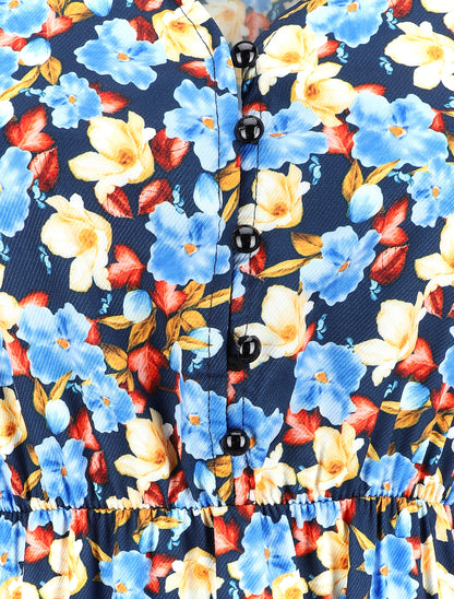 Robe taille empire à motif fleuri - Bleu marine - 3