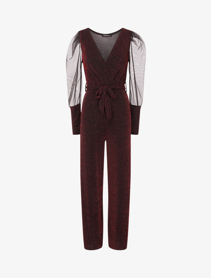 Combinaison flare à manches en tulle - Bordeaux - 1