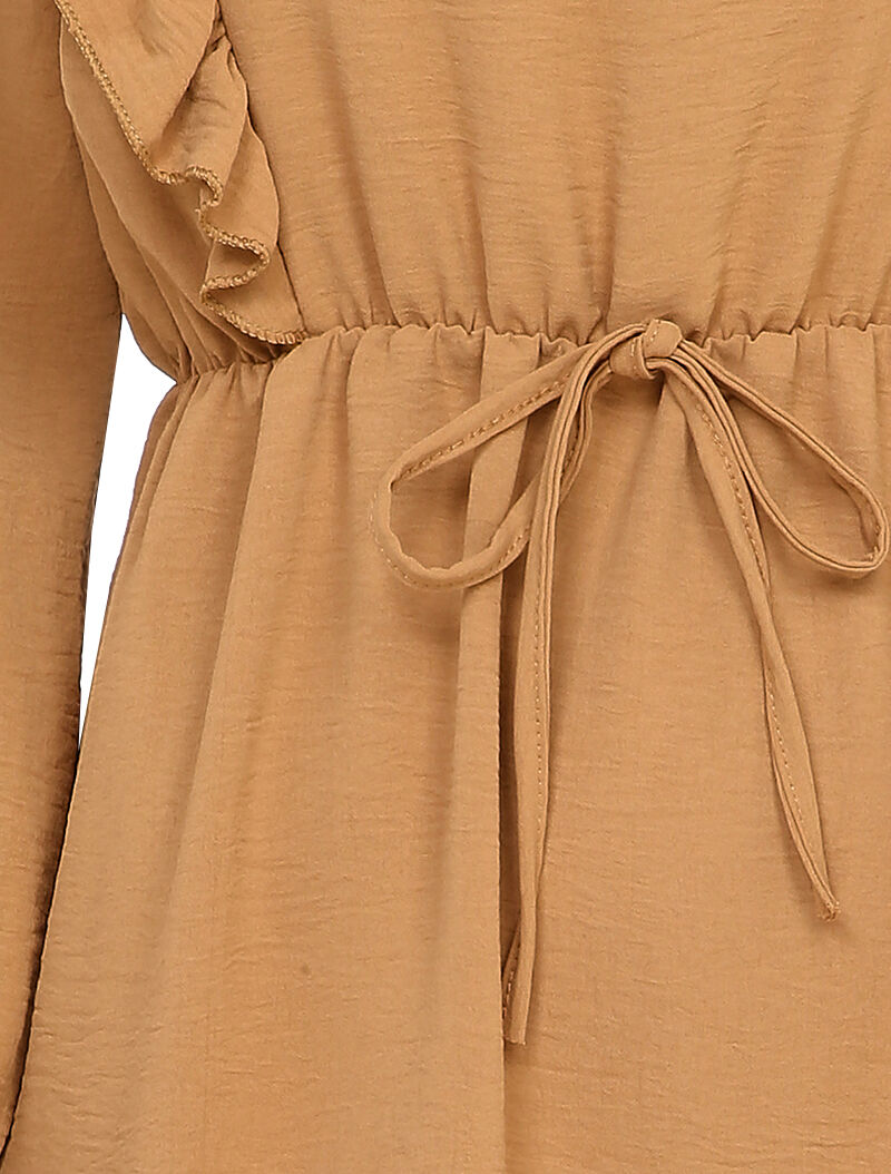 Robe patineuse à épaules et bords volantés - Camel - 3
