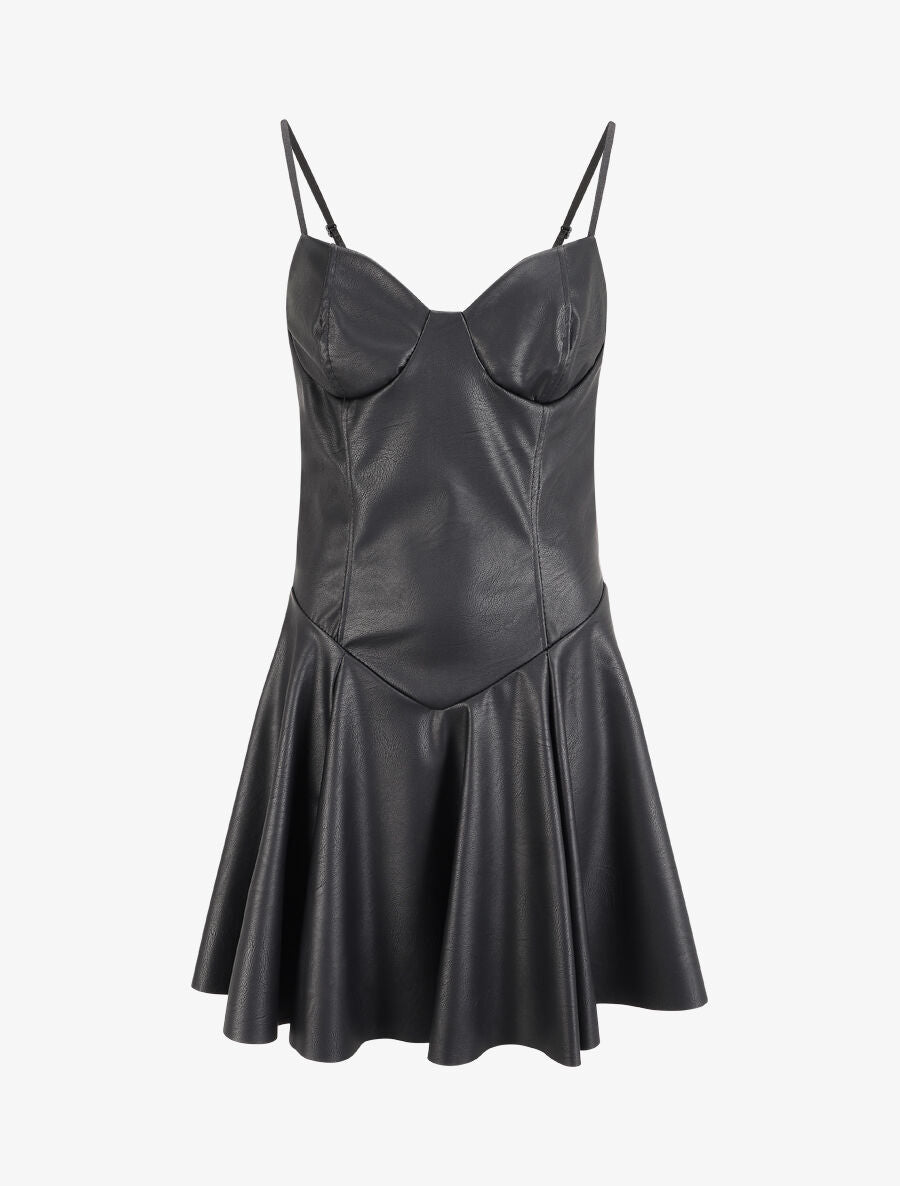 Robe volantée en simili à fines bretelles - Noir - 4