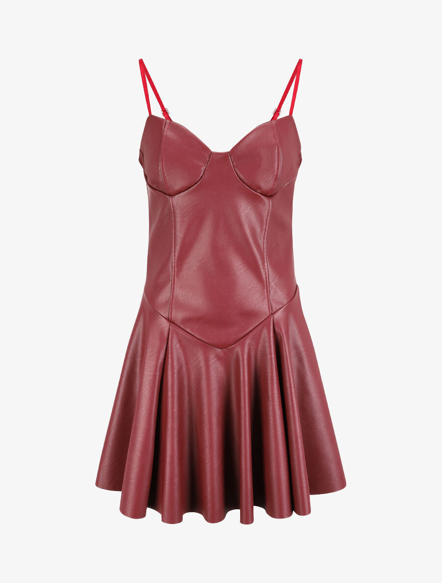 Robe volantée en simili à fines bretelles - Bordeaux - 4