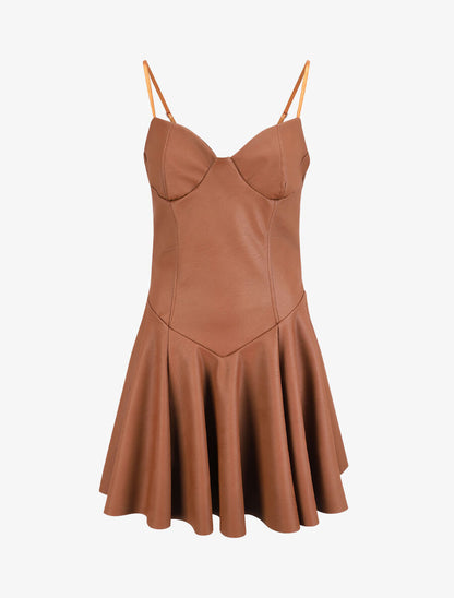 Robe volantée en simili à fines bretelles - Camel - 1