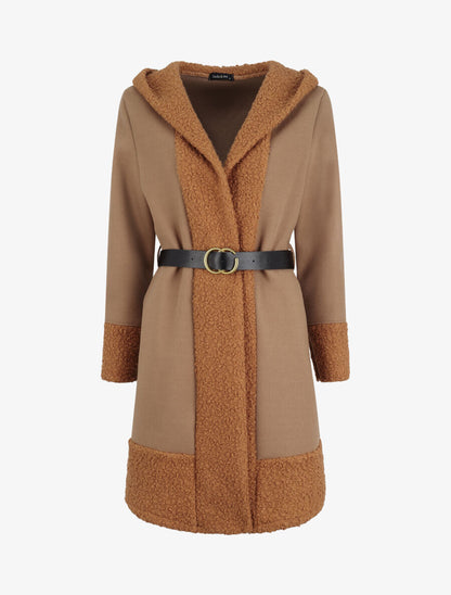 Manteau à capuche et détail laine bouclée - Camel - 1