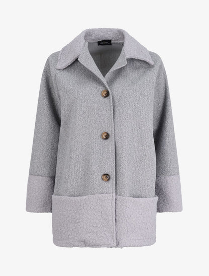 Manteau boutonné à détail laine bouclée - Gris clair - 5