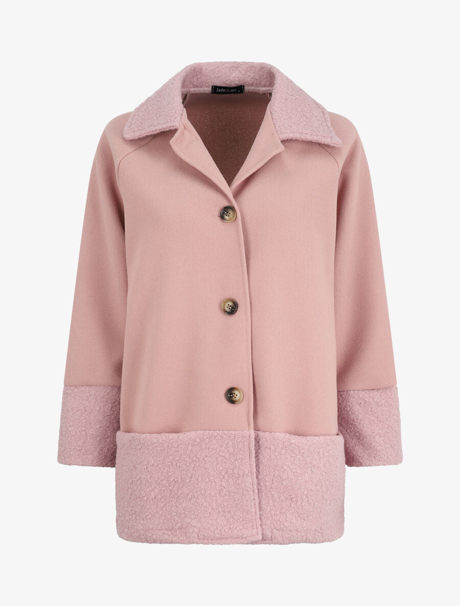 Manteau boutonné à détail laine bouclée - Rose poudré - 4