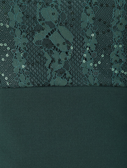 Robe à col montant et buste en dentelle et sequins - Vert sapin - 4