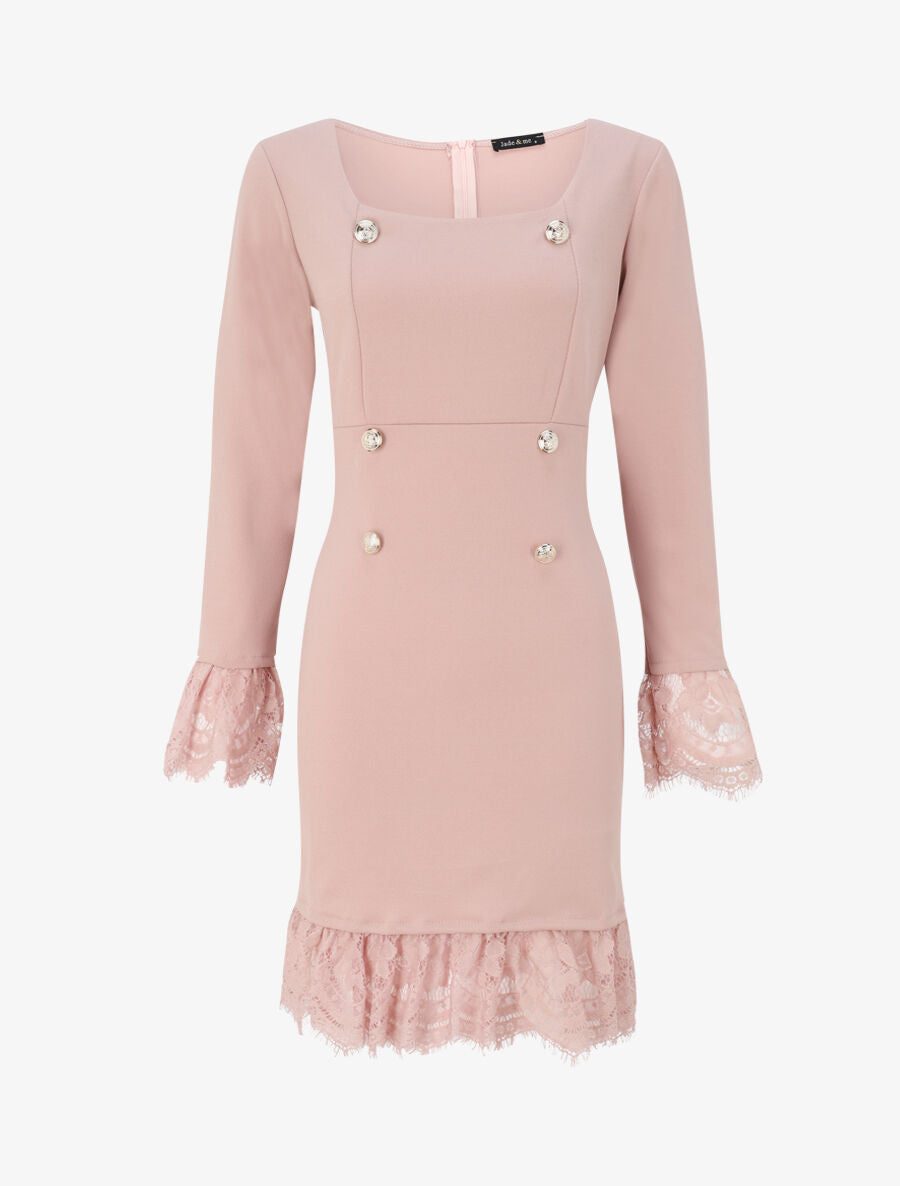 Robe à col carré et bords en dentelle - Rose poudré - 5