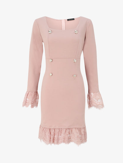 Robe à col carré et bords en dentelle - Rose poudré - 5