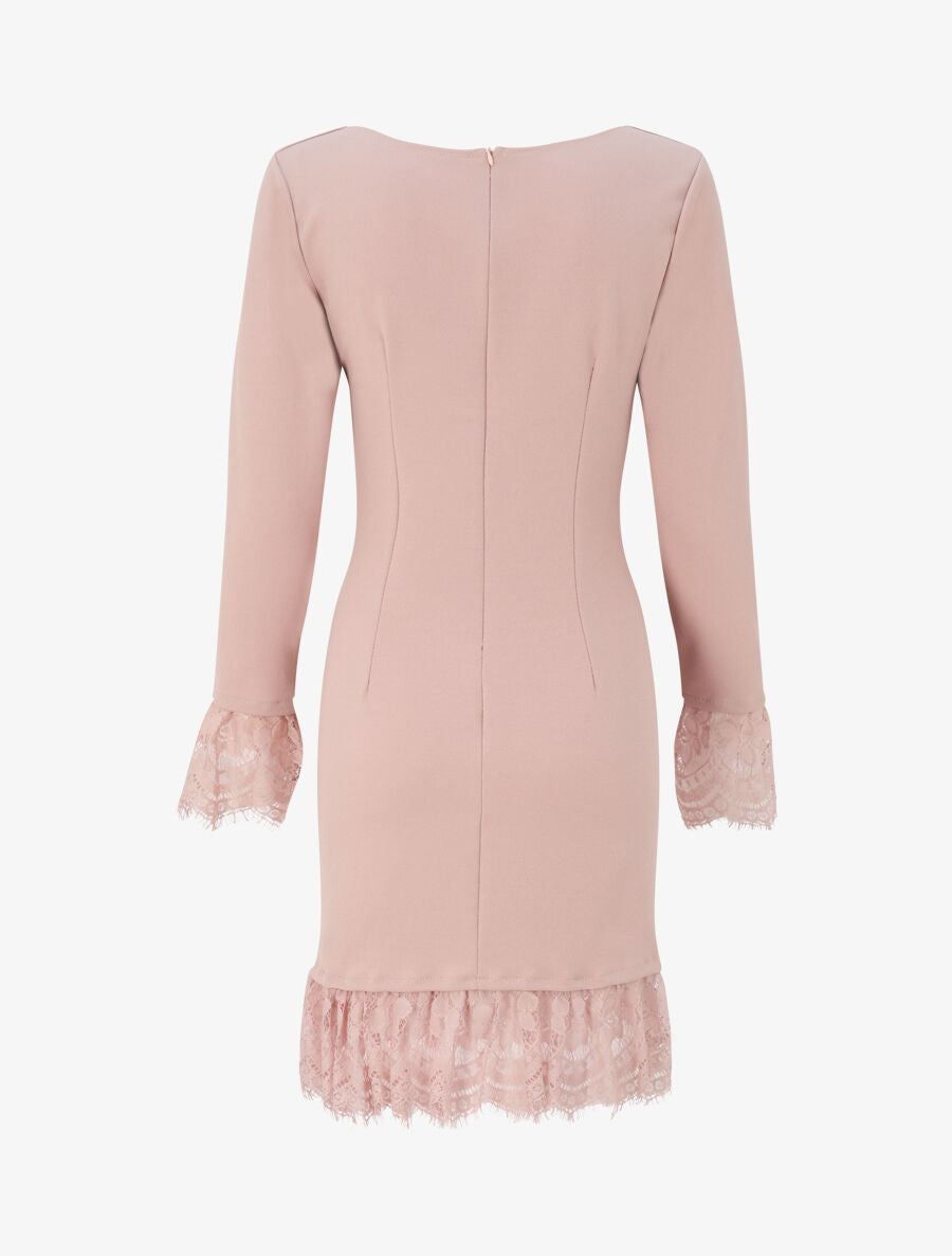 Robe à col carré et bords en dentelle - Rose poudré - 2