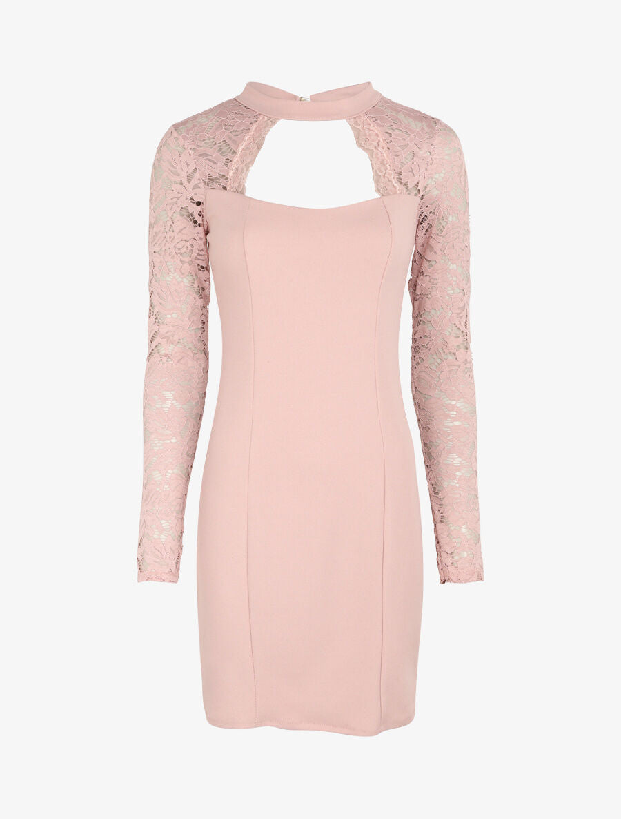 Robe à manches en dentelle et décolleté - Rose poudré - 1