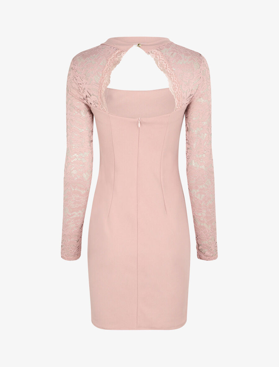 Robe à manches en dentelle et décolleté - Rose poudré - 2