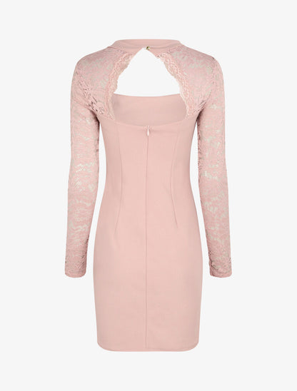 Robe à manches en dentelle et décolleté - Rose poudré - 2