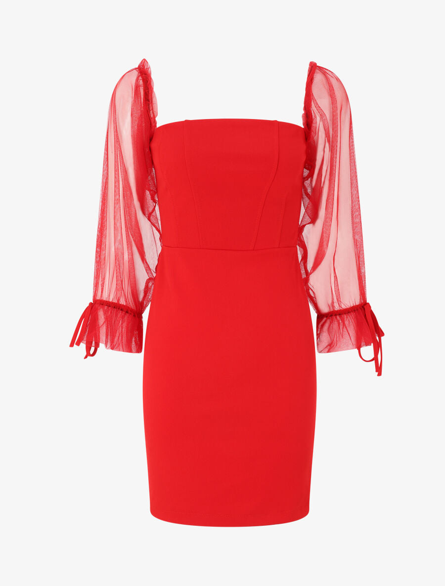 Robe à col bardot et manches en tulle - Rouge - 4