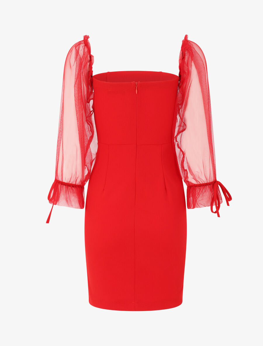 Robe à col bardot et manches en tulle - Rouge - 2