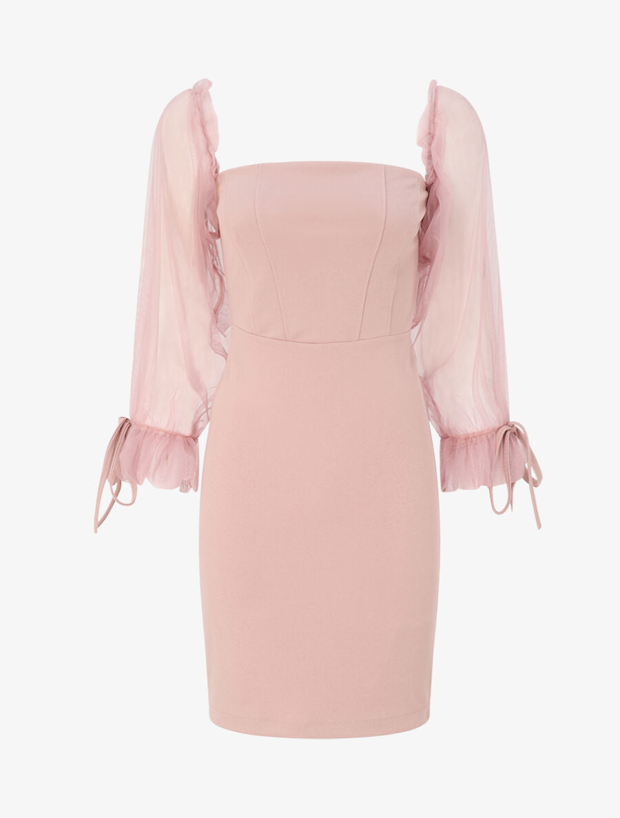 Robe à col bardot et manches en tulle - Rose poudré - 1
