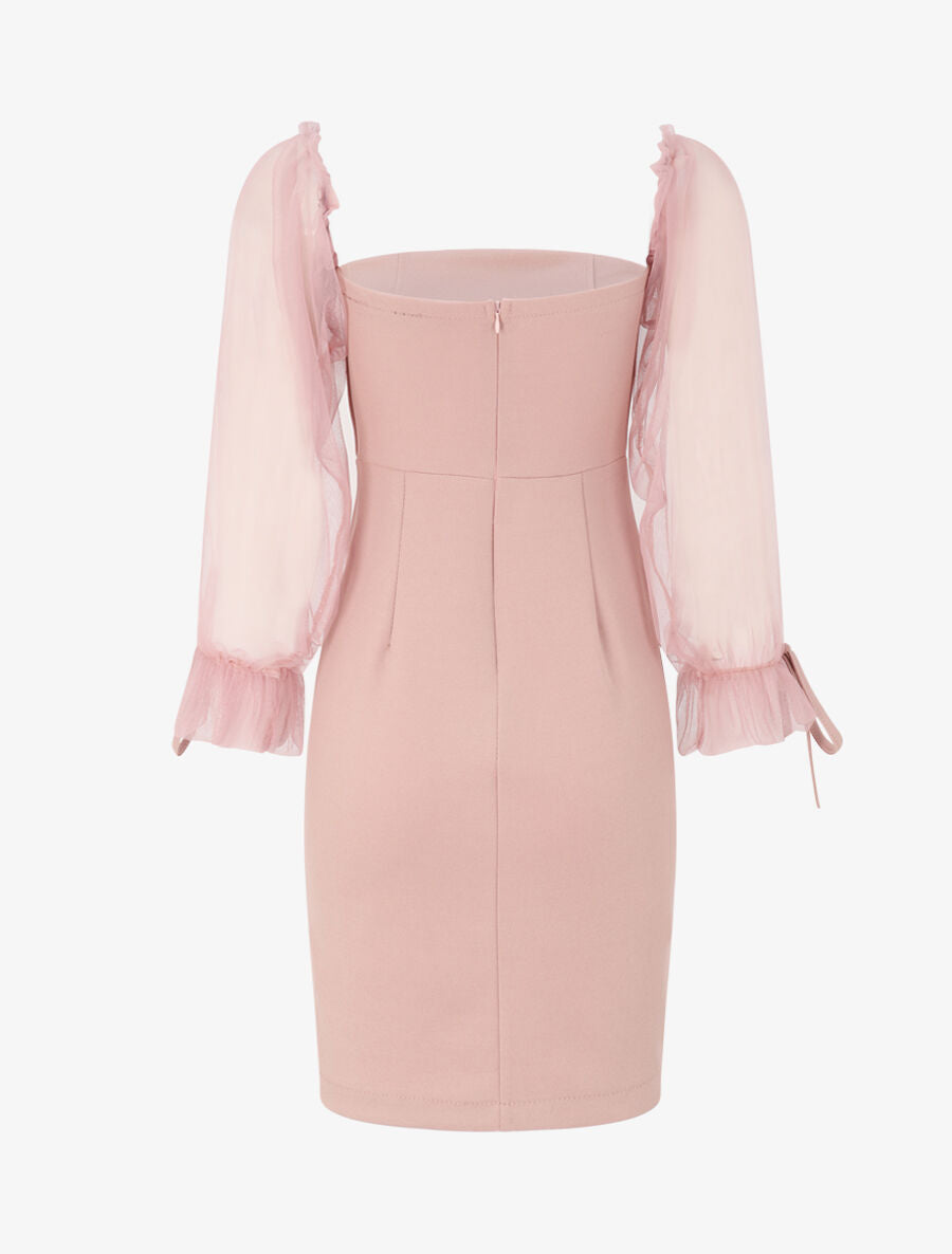 Robe à col bardot et manches en tulle - Rose poudré - 2