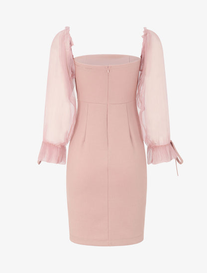 Robe à col bardot et manches en tulle - Rose poudré - 2